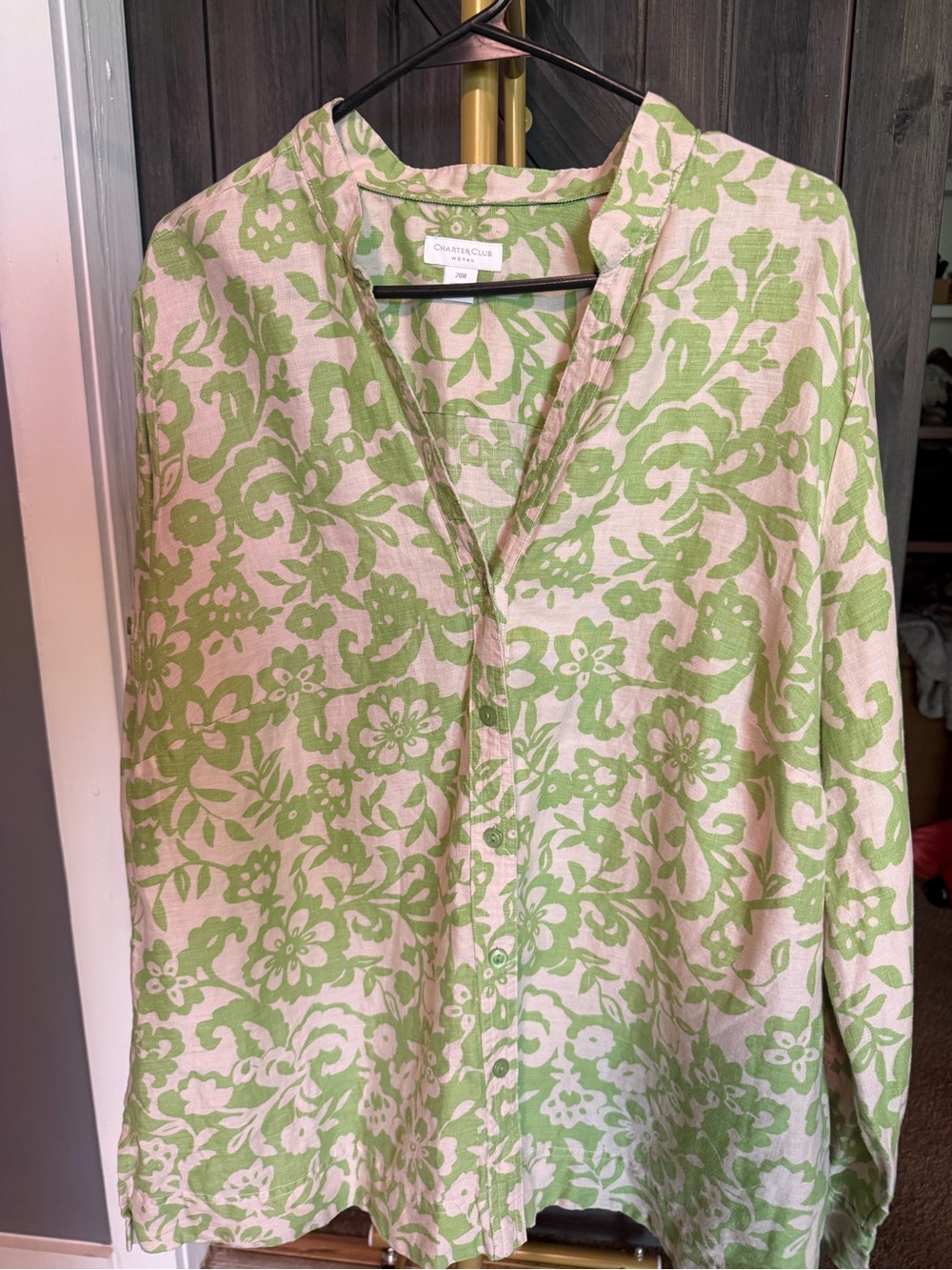 Charter Club Oatmeal Tunic with Green Floral Print with Roll Tab Sleeves.
